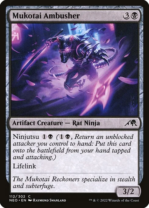 Mukotai Ambusher, carta Magic di tipo Artifact Creature — Rat Ninja illustrata da Raymond Swanland