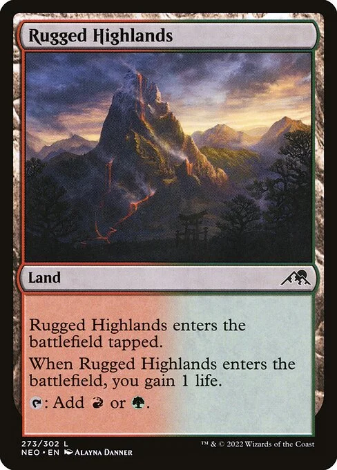 Rugged Highlands, carta Magic di tipo Land illustrata da Alayna Danner