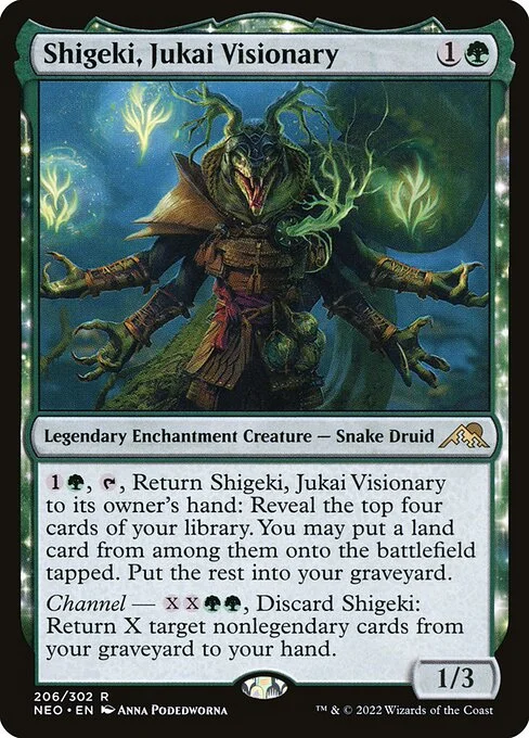 Shigeki, Jukai Visionary, carta Magic di tipo Legendary Enchantment Creature — Snake Druid illustrata da Anna Podedworna