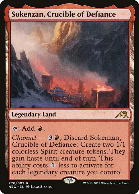 Sokenzan, Crucible of Defiance, carta Magic di tipo Legendary Land illustrata da Lucas Staniec