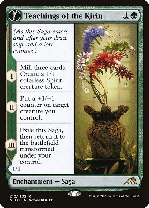 Teachings of the Kirin // Kirin-Touched Orochi, carta Magic di tipo Enchantment — Saga // Enchantment Creature — Snake Monk illustrata da Sam Burley