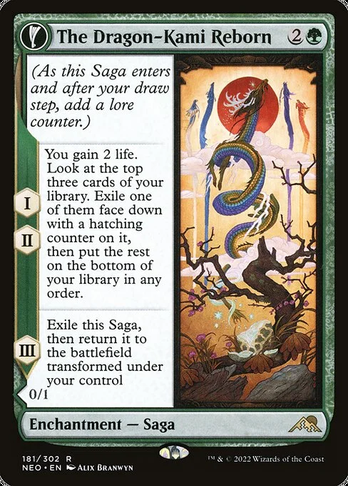 The Dragon-Kami Reborn // Dragon-Kami's Egg, carta Magic di tipo Enchantment — Saga // Enchantment Creature — Egg illustrata da Alix Branwyn