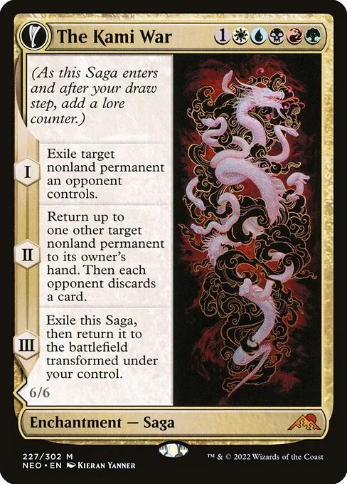 The Kami War // O-Kagachi Made Manifest, carta Magic di tipo Enchantment — Saga // Enchantment Creature — Dragon Spirit illustrata da Kieran Yanner