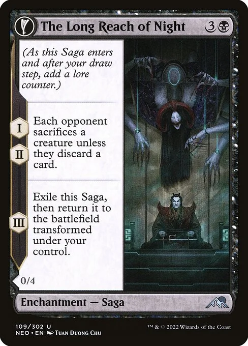 The Long Reach of Night // Animus of Night's Reach, carta Magic di tipo Enchantment — Saga // Enchantment Creature — Spirit illustrata da Tuan Duong Chu
