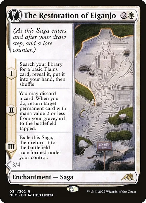 The Restoration of Eiganjo // Architect of Restoration, carta Magic di tipo Enchantment — Saga // Enchantment Creature — Fox Monk illustrata da Titus Lunter