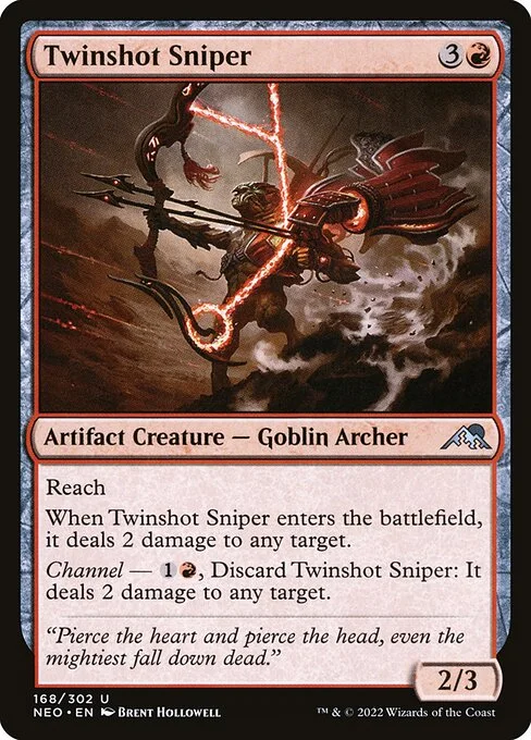 Twinshot Sniper, carta Magic di tipo Artifact Creature — Goblin Archer illustrata da Brent Hollowell