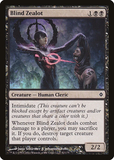 Blind Zealot, carta Magic di tipo Creature — Phyrexian Human Cleric illustrata da Jana Schirmer & Johannes Voss