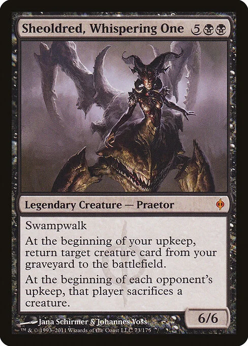 Sheoldred, Whispering One, carta Magic di tipo Legendary Creature — Phyrexian Praetor illustrata da Jana Schirmer & Johannes Voss