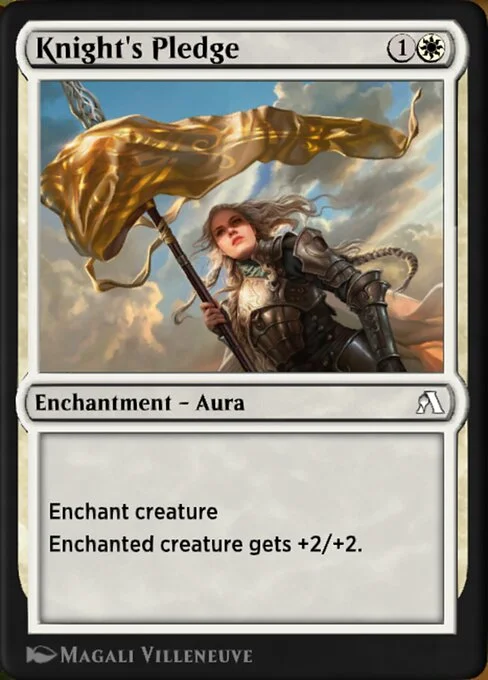 Knight's Pledge, carta Magic di tipo Enchantment — Aura illustrata da Magali Villeneuve