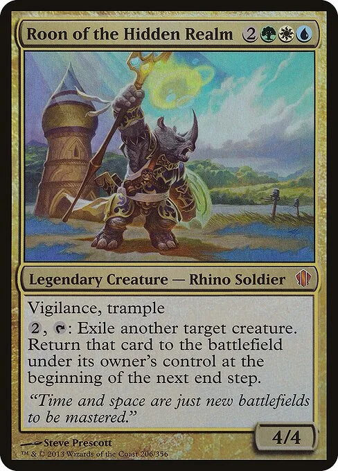 Roon of the Hidden Realm, carta Magic di tipo Legendary Creature — Rhino Soldier illustrata da Steve Prescott