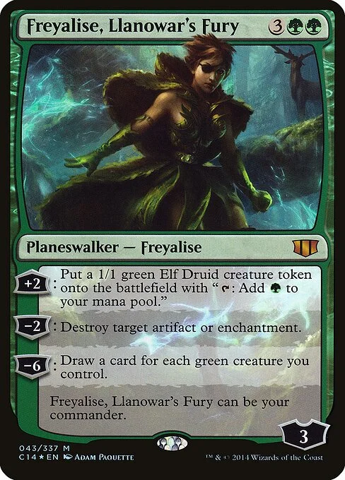 Freyalise, Llanowar's Fury, carta Magic di tipo Legendary Planeswalker — Freyalise illustrata da Adam Paquette