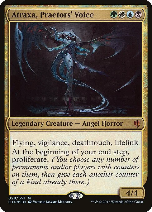 Atraxa, Praetors' Voice, carta Magic di tipo Legendary Creature — Phyrexian Angel Horror illustrata da Victor Adame Minguez