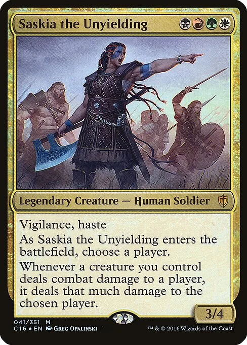 Saskia the Unyielding, carta Magic di tipo Legendary Creature — Human Soldier illustrata da Greg Opalinski