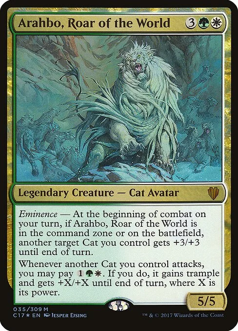 Arahbo, Roar of the World, carta Magic di tipo Legendary Creature — Cat Avatar illustrata da Jesper Ejsing