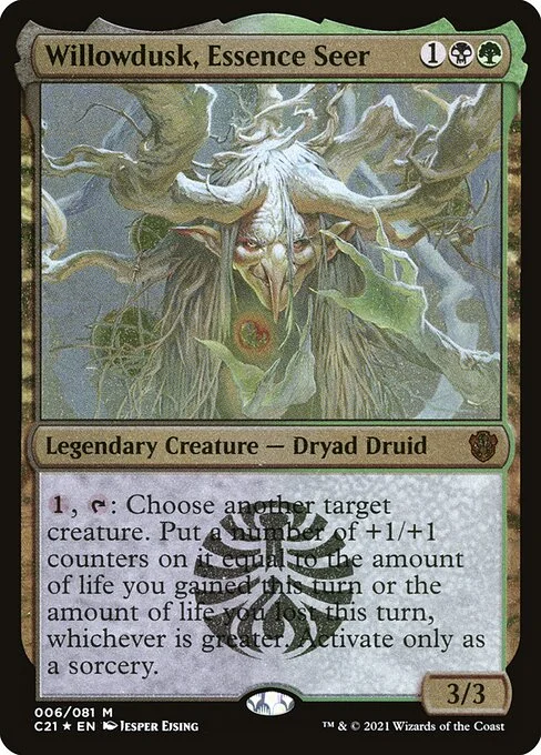 Willowdusk, Essence Seer, carta Magic di tipo Legendary Creature — Dryad Druid illustrata da Jesper Ejsing