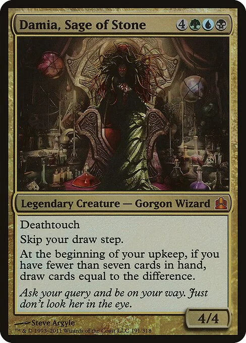 Damia, Sage of Stone, carta Magic di tipo Legendary Creature — Gorgon Wizard illustrata da Steve Argyle