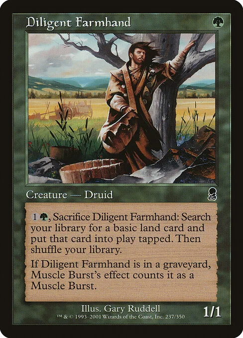 Diligent Farmhand, carta Magic di tipo Creature — Human Druid illustrata da Gary Ruddell