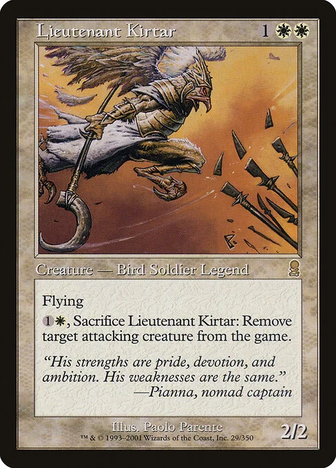 Lieutenant Kirtar, carta Magic di tipo Legendary Creature — Bird Soldier illustrata da Paolo Parente