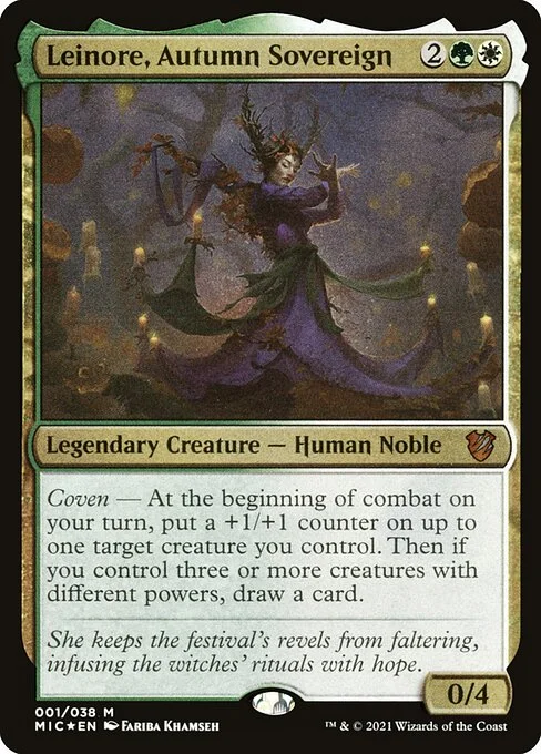 Leinore, Autumn Sovereign, carta Magic di tipo Legendary Creature — Human Noble illustrata da Fariba Khamseh