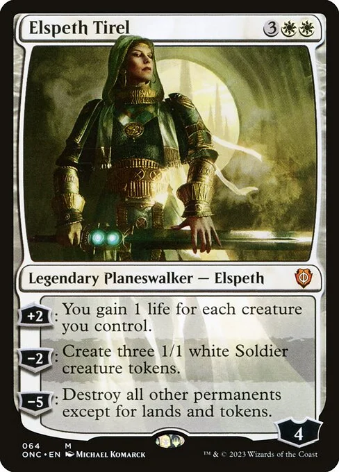 Elspeth Tirel, carta Magic di tipo Legendary Planeswalker — Elspeth illustrata da Michael Komarck