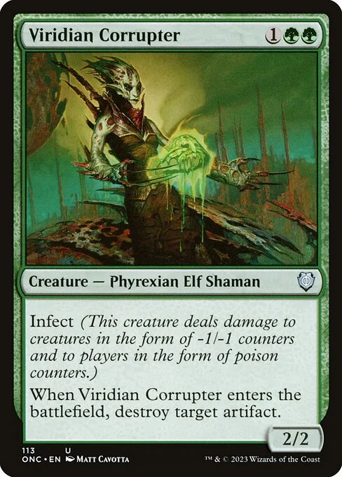 Viridian Corrupter, carta Magic di tipo Creature — Phyrexian Elf Shaman illustrata da Matt Cavotta