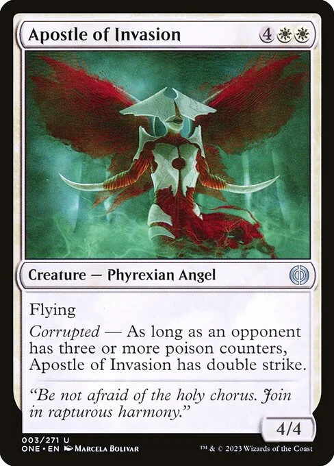 Apostle of Invasion, carta Magic di tipo Creature — Phyrexian Angel illustrata da Marcela Bolívar