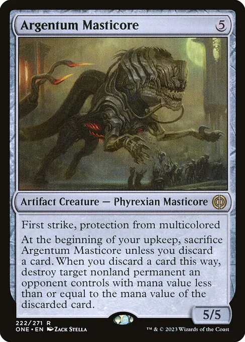 Argentum Masticore, carta Magic di tipo Artifact Creature — Phyrexian Masticore illustrata da Zack Stella