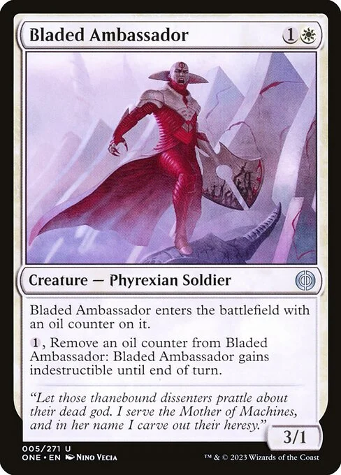 Bladed Ambassador, carta Magic di tipo Creature — Phyrexian Soldier illustrata da Nino Vecia