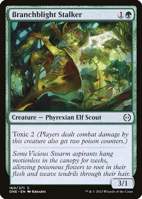 Branchblight Stalker, carta Magic di tipo Creature — Phyrexian Elf Scout illustrata da Krharts