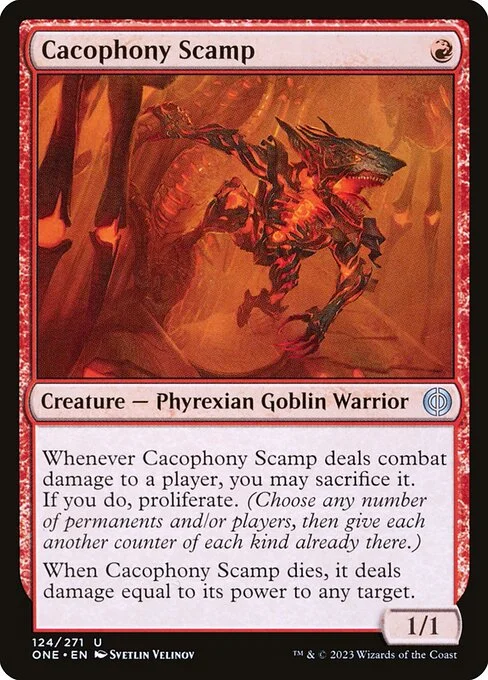 Cacophony Scamp, carta Magic di tipo Creature — Phyrexian Goblin Warrior illustrata da Svetlin Velinov