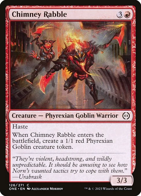 Chimney Rabble, carta Magic di tipo Creature — Phyrexian Goblin Warrior illustrata da Alexander Mokhov