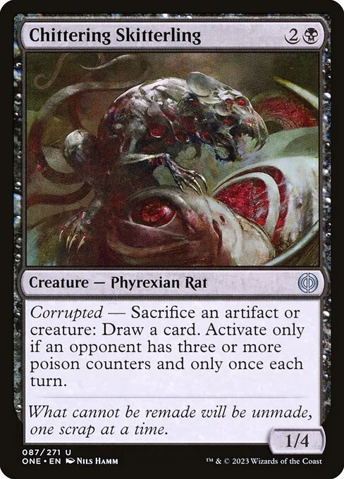 Chittering Skitterling, carta Magic di tipo Creature — Phyrexian Rat illustrata da Nils Hamm