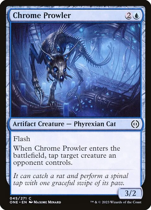Chrome Prowler, carta Magic di tipo Artifact Creature — Phyrexian Cat illustrata da Maxime Minard