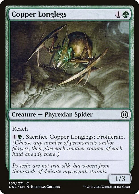 Copper Longlegs, carta Magic di tipo Creature — Phyrexian Spider illustrata da Nicholas Gregory