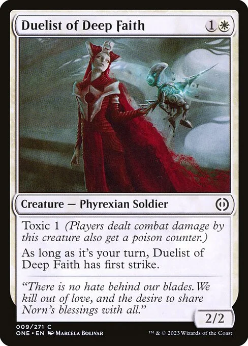 Duelist of Deep Faith, carta Magic di tipo Creature — Phyrexian Soldier illustrata da Marcela Bolívar