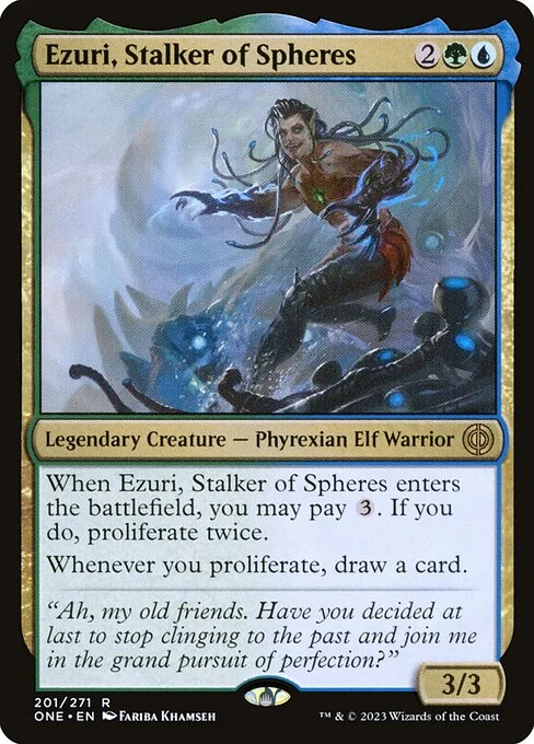 Ezuri, Stalker of Spheres, carta Magic di tipo Legendary Creature — Phyrexian Elf Warrior illustrata da Fariba Khamseh