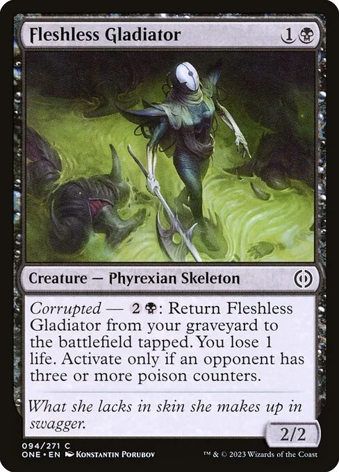 Fleshless Gladiator, carta Magic di tipo Creature — Phyrexian Skeleton illustrata da Konstantin Porubov