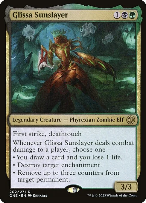 Glissa Sunslayer, carta Magic di tipo Legendary Creature — Phyrexian Zombie Elf illustrata da Krharts
