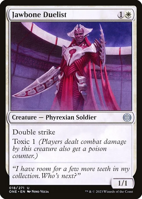 Jawbone Duelist, carta Magic di tipo Creature — Phyrexian Soldier illustrata da Nino Vecia
