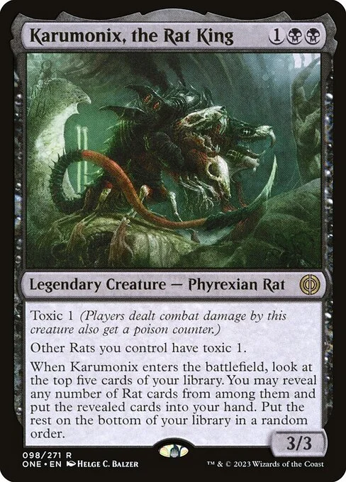 Karumonix, the Rat King, carta Magic di tipo Legendary Creature — Phyrexian Rat illustrata da Helge C. Balzer