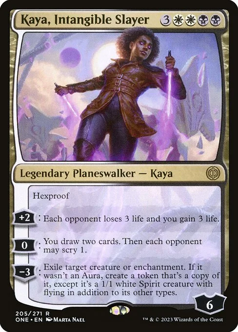 Kaya, Intangible Slayer, carta Magic di tipo Legendary Planeswalker — Kaya illustrata da Marta Nael