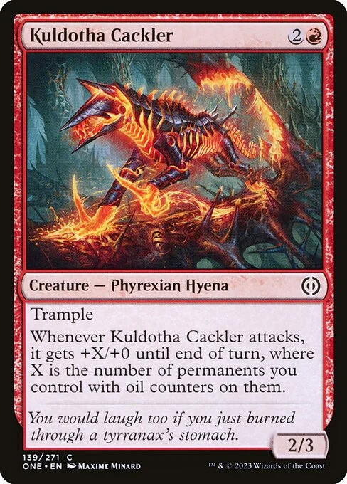 Kuldotha Cackler, carta Magic di tipo Creature — Phyrexian Hyena illustrata da Maxime Minard