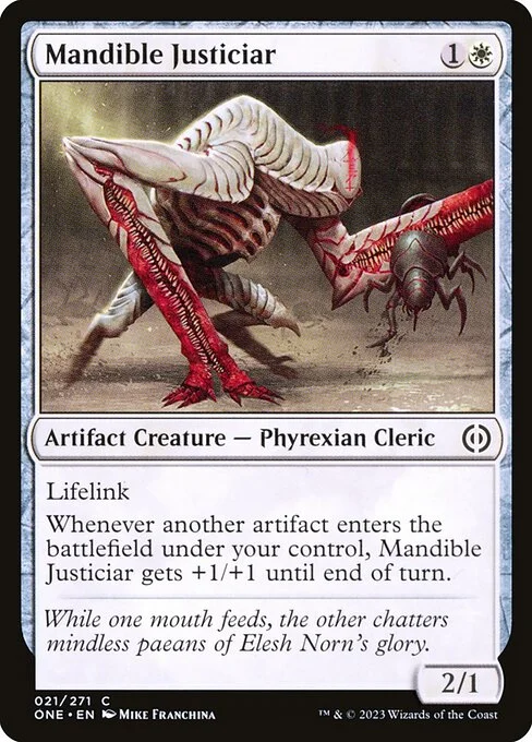 Mandible Justiciar, carta Magic di tipo Artifact Creature — Phyrexian Cleric illustrata da Mike Franchina