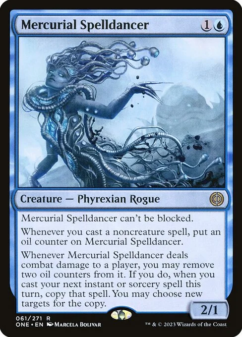 Mercurial Spelldancer, carta Magic di tipo Creature — Phyrexian Rogue illustrata da Marcela Bolívar
