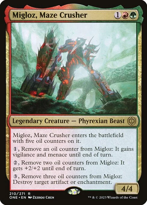 Migloz, Maze Crusher, carta Magic di tipo Legendary Creature — Phyrexian Beast illustrata da Zezhou Chen