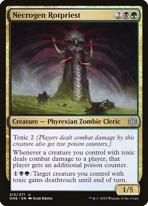 Necrogen Rotpriest, carta Magic di tipo Creature — Phyrexian Zombie Cleric illustrata da Igor Krstic