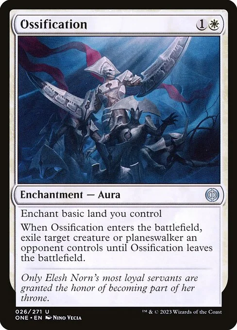 Ossification, carta Magic di tipo Enchantment — Aura illustrata da Nino Vecia