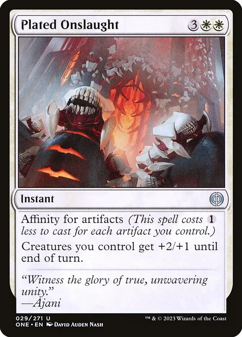 Plated Onslaught, carta Magic di tipo Instant illustrata da David Auden Nash
