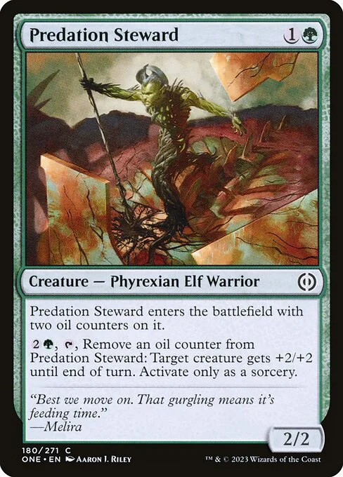 Predation Steward, carta Magic di tipo Creature — Phyrexian Elf Warrior illustrata da Aaron J. Riley