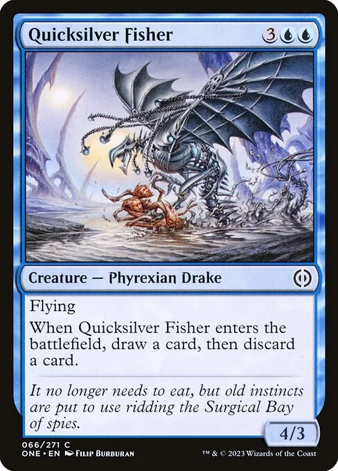 Quicksilver Fisher, carta Magic di tipo Creature — Phyrexian Drake illustrata da Filip Burburan